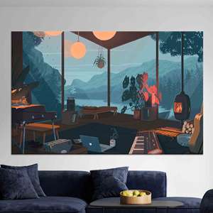 Arte Impreso en Lienzo de Anime Lo-fi con Vista a la Ciudad Moderna, Lienzo Enrollado - Product Image 1