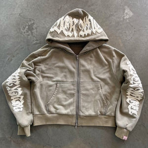 OEM personalizado hombres Jogger conjuntos Vintage algodón ácido lavado chándal bordado acampanado pantalones de chándal y Zip up Sudadera con capucha conjunto - Product Image 4