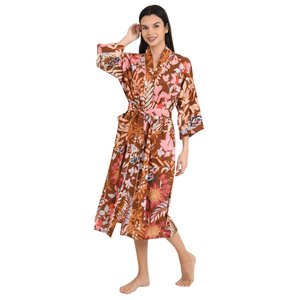 Boho-Kimono Style Casual Homewear Hand-Printed Indian Leaf-Flower Pattern Soft Cotton Woven Button Closure - Product Image 5