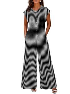 Combinaison décontractée tricotée en polyester pour femme, à rayures, sans manches, coupe large, taille haute, col rond, boutonnée sur le devant, printemps-été - Product Image 1