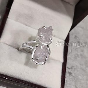 Bague pour femme en quartz rose naturel, pierre de naissance d'avril, double pierre, cadeau de Noël, bijoux faits à la main, bague en argent sterling 925 - Product Image 4