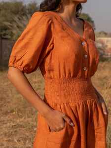 Mono vintage ODM naranja de lino/algodón de pierna ancha con manga abullonada, cuello en V, transpirable, dulce, de cintura media, para mujer, atuendo casual de verano - Product Image 2