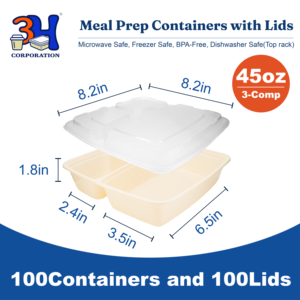 Contenitori per la preparazione dei pasti 3H da 45 once, 3 scomparti, confezione da 100 pezzi, 200 pezzi con coperchi, contenitori per alimenti da asporto, adatti a microonde, lavastoviglie e congelatore. - Product Image 2