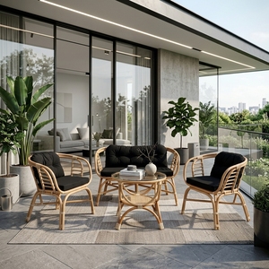 Natural Polished <b>Rattan</b> Garden Furniture Set <b>Sofa</b> Armchairs Glass Coffee Table Black Cushion Patio Setup Room Decor Art Design - Product Image 3