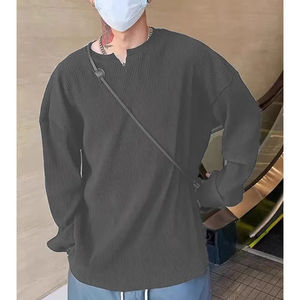 Camiseta Holgada de Manga Larga con Cuello en V y Pliegues, de Punto Acanalado, para Hombre, para Fitness, Otoño e Invierno, con Rayas, Cuello Henley, Alta Elasticidad - Product Image 6