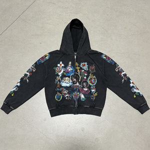 Wholesale Streetwear Y2k Vintage French Terry Combed Cotton Heavyweight DTG <b>Graphic</b> Print Acid Washed <b>Zip</b> <b>up</b> Men Cropped <b>Hoodies</b> - Product Image 5