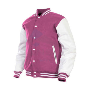Veste universitaire pour homme personnalisable de qualité supérieure, manches en cuir, corps en laine, doublure légère et chaude, ajustement réglable, rose - Product Image 1