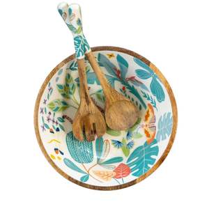 Ensemble fabriqué à la main en gros avec saladier Design unique en émail Bol à salade en bois de manguier de grande capacité avec mains Ustensile de service - Product Image 2