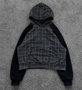 Sweat à capuche boxy pour homme en coton 100% personnalisé OEM, lourd pour l'hiver, lavage à l'acide, imprimé à carreaux réversible, design en molleton français 500 GSM - Product Image 1