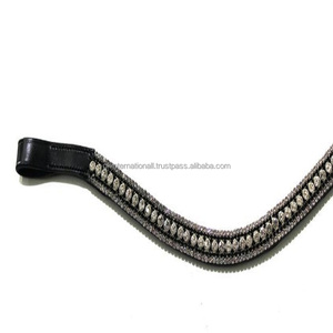 Bandas de cejas de calidad superior de caballo de cuero genuino ecuestre de alta calidad con cadena de cristales plateados y negros Banda de cejas ostentosa - Product Image 2