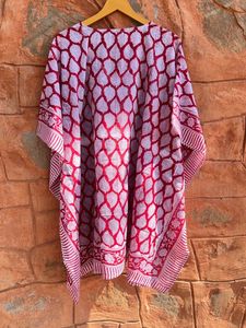 Femmes coton biologique fait à la main robe d'été feuille rouge imprimé haut court peignoir vêtements de plage caftan décontracté robe de nuit taille naturelle - Product Image 5