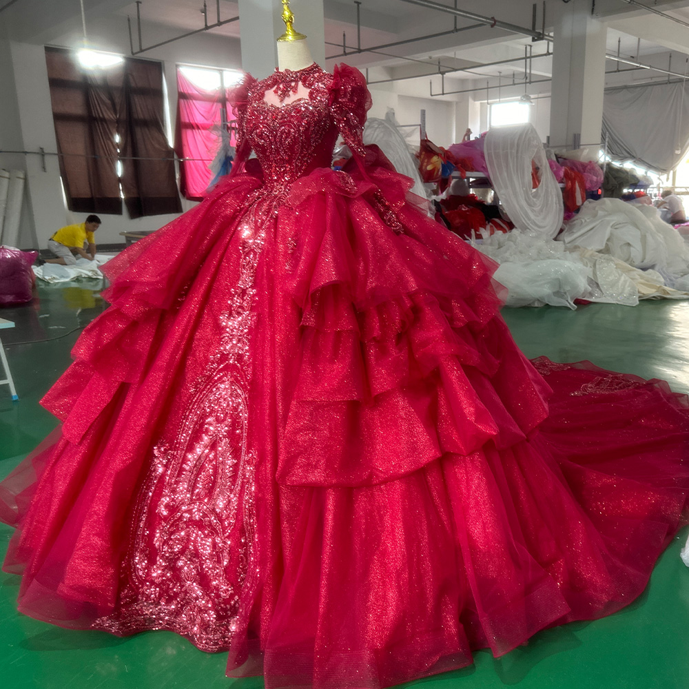 open lace back dress Wine Red Tulle Puffy Sleeves Long Party Dress, Wine Red Long Prom Dres –  Promfast main image 0