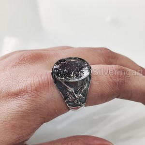 Anillo de Plata de Ley 925 para Hombre al por Mayor con Cuarzo Rutilado Negro Natural, Piedra de Nacimiento, Águila, Joyería Árabe, Regalo de Navidad - Product Image 2