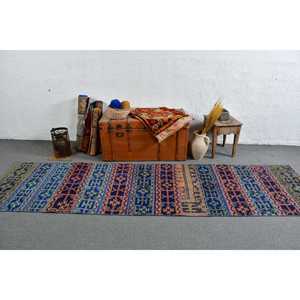 Alfombra Turca, Alfombra de Pasillo de 2.8x10.7 pies, Alfombra Vintage Azul de Lana del Suroeste - Product Image 2