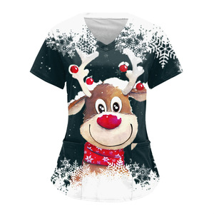 Camiseta de Manga Corta con Cuello en V Informal y Ecológica con Estampado Navideño en 3D para Mujer, Ajuste Regular, Tela Twill, Diseño Personalizado al por Mayor - Product Image 1