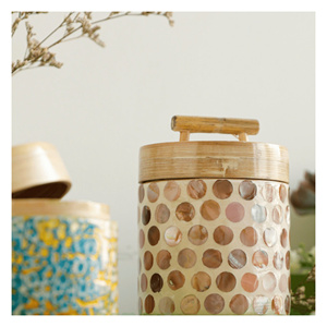 Pot en bambou fait à la main avec incrustations de nacre, couleurs de coquille d'œuf, pot en bambou fait à la main, pot rond en bois avec couvercle pour les fêtes - Product Image 6
