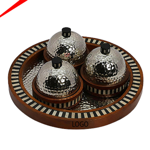 3 pièces bols de service ronds en métal et en bois de haute qualité avec couvercle et plateau rond bol de service pour la décoration de restaurant d'hôtel - Product Image 1