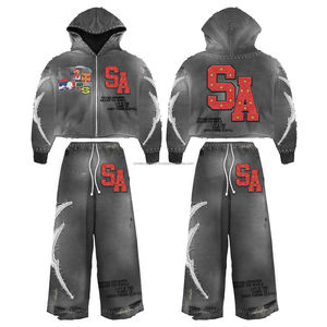 ชุดเซ็ตเสื้อฮู้ดดี้และกางเกงขายาวทรงบานแบบสั่งทำพิเศษ ปักลายขนาดใหญ่ กางเกงทรงหลวม สไตล์สเวตสูท ลุคย้อนยุคฟอกสีแบบแอซิดวอช  สำหรับผู้ชาย - Product Image 6