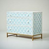 Collection Sultans : Commode à 5 tiroirs opulente bleu et blanc avec incrustations en os, finitions écologiques et sécurisées pour les enfants, artisanat de mode indien pour la maison et l'école