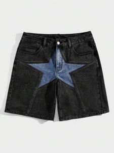 Jorts en jean avec quincaillerie personnalisée avec patchs brodés personnalisés Rhinestone Y2K Retro Loose Fit Men Denim Shorts Baggy Jean - Product Image 6