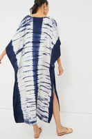 Robe Kaftan en Viscose Tie-Dye Blanc Marine 100% Biologique Écologique Bohème Chic Longueur Maxi Silhouette Ample Sexy Respirante Simple