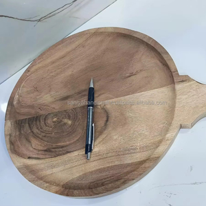 Plateau de service rond en bois d'acacia fait à la main de 12 pouces avec poignée de 5 pouces emballé dans une boîte - Product Image 4