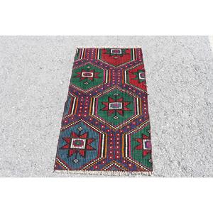 Tapis turc, petit tapis vintage 2,1x3,7 pieds, tapis Kilim patchwork rouge et bleu - Product Image 1
