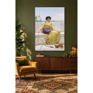 Fida Godward, femme jouant avec un chaton sur un banc en marbre, impression sur toile - Product Image 4