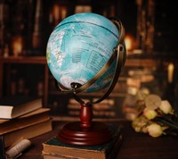 Globe terrestre vintage bleu océanique avec axe rotatif, base en bois, design Art Déco fait main, pour l'apprentissage éducatif, le bureau, la maison