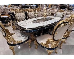 Muebles de comedor de madera de estilo barroco de diseño, juego de comedor de oro negro tallado pesado, mesa de comedor de estilo rococó de madera de teca - Product Image 1