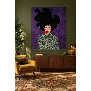 Fille Fida tenant une grenade avec un motif de feuilles sur fond violet, impression sur toile - Product Image 1