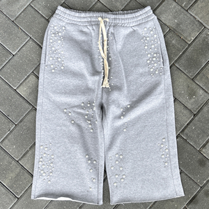 Survêtement personnalisé en coton 400GSM avec impression de strass pour hommes, streetwear, survêtement à fermeture éclair intégrale pour hommes, pantalon de survêtement court, sweat-shirt délavé à l'acide - Product Image 3
