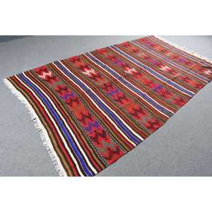 Vintage Turkish Rug 4.9x9.2 ft, Kilim <b>Red</b> Solid <b>Wool</b> Rug - Product Image 4