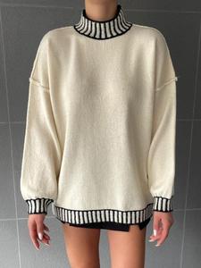 Pull femme vintage chic en tricot contrasté hauts chic avec col rond manches longues décontracté hiver automne noir pull cardigan - Product Image 3