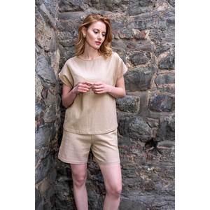 Completo da donna in cotone con maniche a pipistrello, blusa con bottoni e tasche, colore beige - Beige - Product Image 1