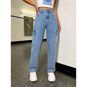 <b>Women's</b> High Rise Light Blue Denim Cargo <b>Stretch</b> <b>Jeans</b> 6-Pocket Clean Look Solid Eco-Friendly Durable Fabric Plating Modern Wide - Product Image 1