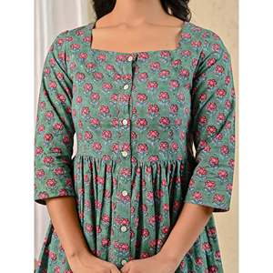 Robe en coton imprimée à la main motif floral vert, style décontracté avec col carré, taille naturelle, respirante, design personnalisé, tailles XS à 5XL - Product Image 2