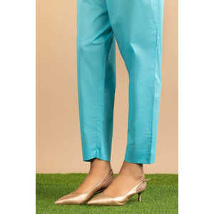 Pantalon Oxford Cyan Anti-Plis pour Femme, Taille Mi-Haute, Coupe Crayon, avec Fermeture Élastique et Détails Lavés Colorés - Product Image 1