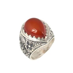 925 <b>Sterling</b> <b>Silver</b> <b>Men's</b> <b>Ring</b> with Teardrop Orange Agate Stone Geometric Cut Hip-Hop Style for Everyday Wear - Product Image 3