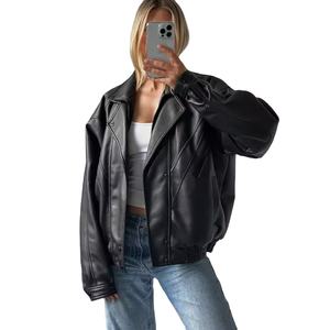 Chaqueta de cuero de oveja para mujer, estilo motociclista, bomber, oversize, streetwear - Product Image 1