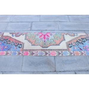 Alfombra Turca Vintage de Lana de 1.8x6.8 pies, Diseño de Patchwork Ecológico, Alfombra Marroquí Azul con Respaldo de Látex - Product Image 4