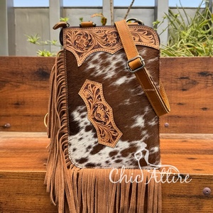 Bolso bandolera con flecos de cuero de vaca para mujer, bolso de mano con flecos de cuero genuino, bolso de mensajero oculto - Product Image 1