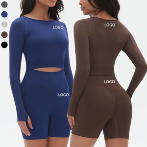 Customizable 2-Piece Women's Gym Fitness Yoga Set Solid <b>Pattern</b> Seamless Long Sleeve Top and Elastic Waist Workout <b>Leggings</b> - Product Image 6