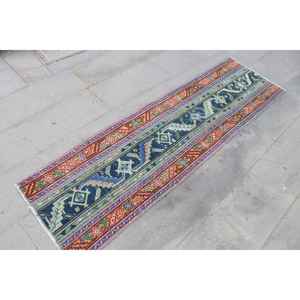 Alfombra Turca Vintage de 1.9x6.5 pies (57x199 cm), Alfombra de Lana con Puntos Azules - Product Image 3