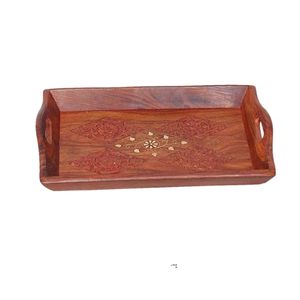 Bandeja de servir de madera artesanal con asas para el desayuno en la cama. Bandeja de madera rústica para decorar el hogar y servir bebidas en fiestas - Product Image 1