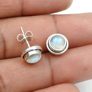 Ensemble de lunette en pierre de lune arc-en-ciel coupe ronde 925 boucles d'oreilles en argent Sterling pierres précieuses bijoux fins minimalistes pour femmes fille - Product Image 2