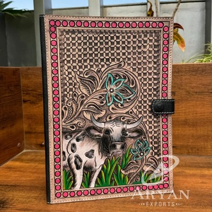 Custom Cow Design Hand Tooled Leather <b>Portfolio</b> Size <b>A4</b> Writing Pad for Business School Office Conference Business File Folders - Product Image 1