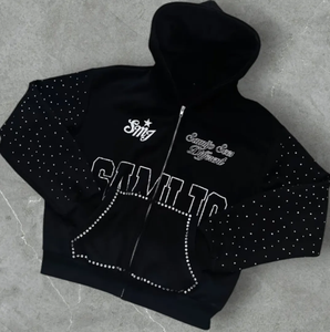 100% algodón personalizado invierno sudaderas con capucha de gran tamaño Streetwear pesado bordado desgastado Rhinestone ácido lavado Zip Sudadera con capucha frontal - Product Image 1