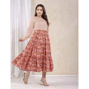 Vestido Anarkali de Algodón Estampado Color Durazno, Salwar Kameez Étnico Indio, Tela de Georgette Pesada, Estilo Pakistaní, Prendas de Fiesta Cosidas - Product Image 5