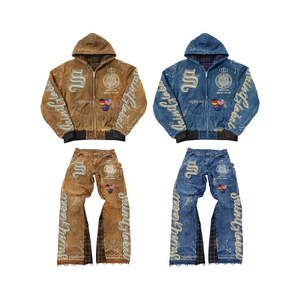 OEM Custom Mens 100% Cotton Oversized Boxy Sweatsuit Distressed Patch Embroidery Hoodie & Sweatpants - Product Image 2